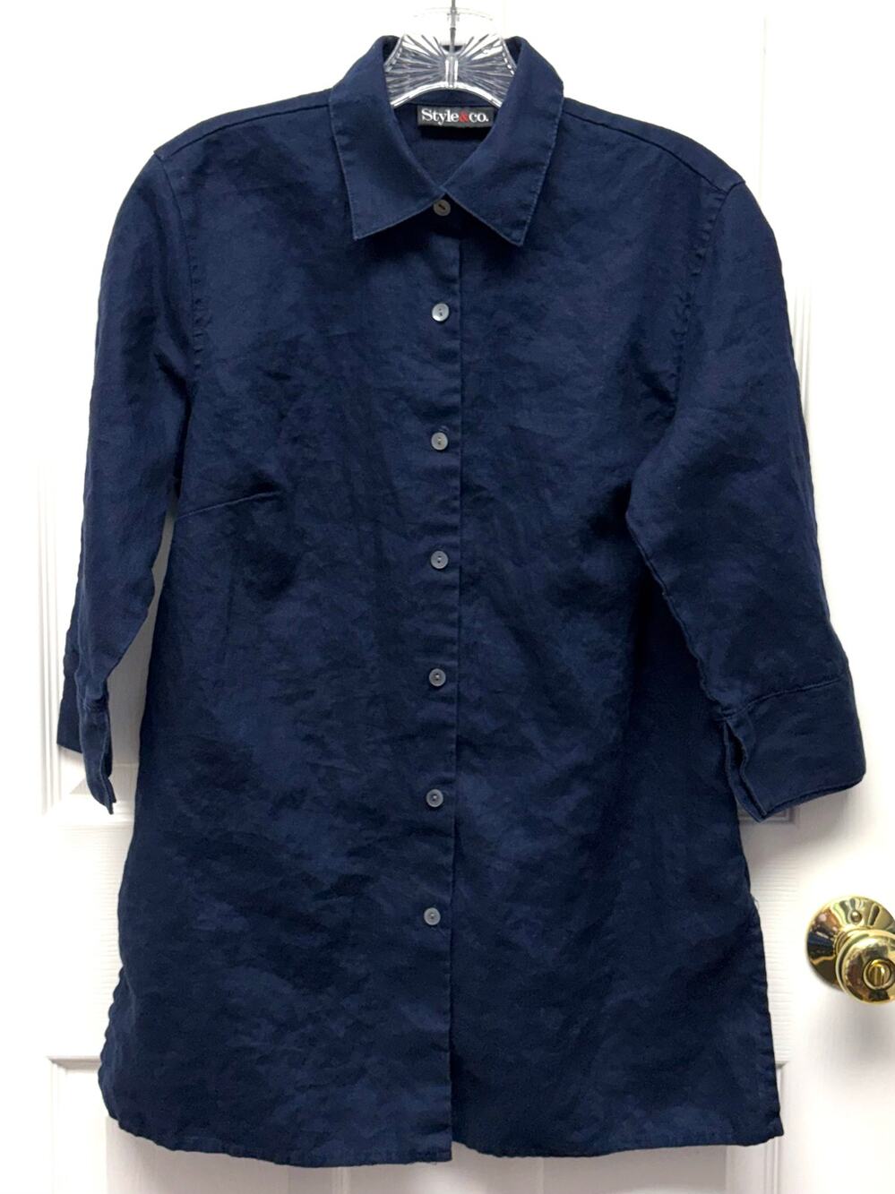 Linen Tunic Navy Blue Boho Layer Long Button Up Top Lagenlook 3/4 Sleeve Size 6